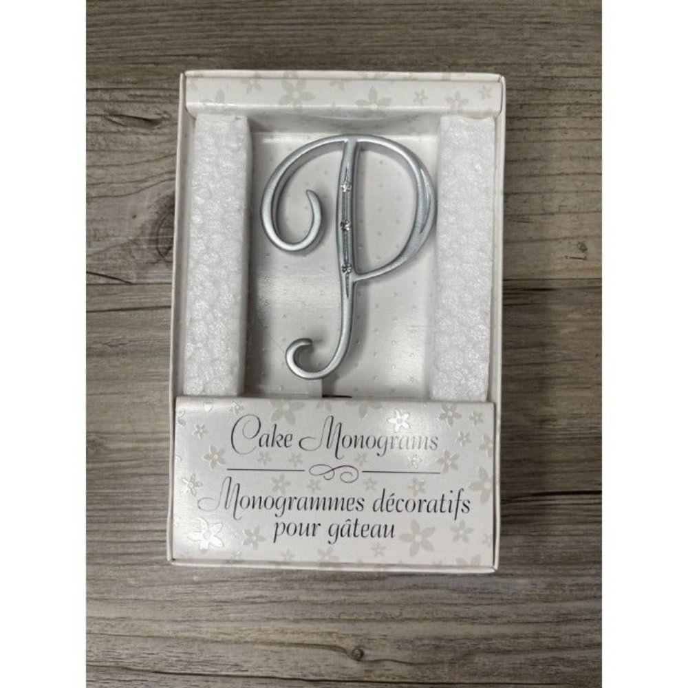 Wedding Small P Silver Finish Monogram Initial Rhinestones Cake Topper